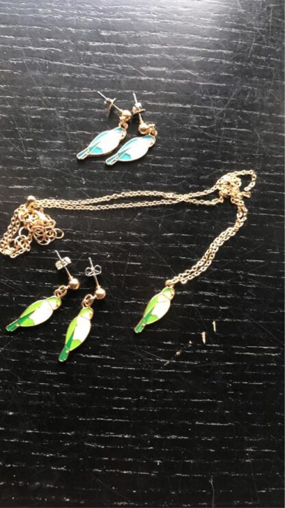 Chaine et boucles d'oreilles avec pendentif Quaker bleu ou vert